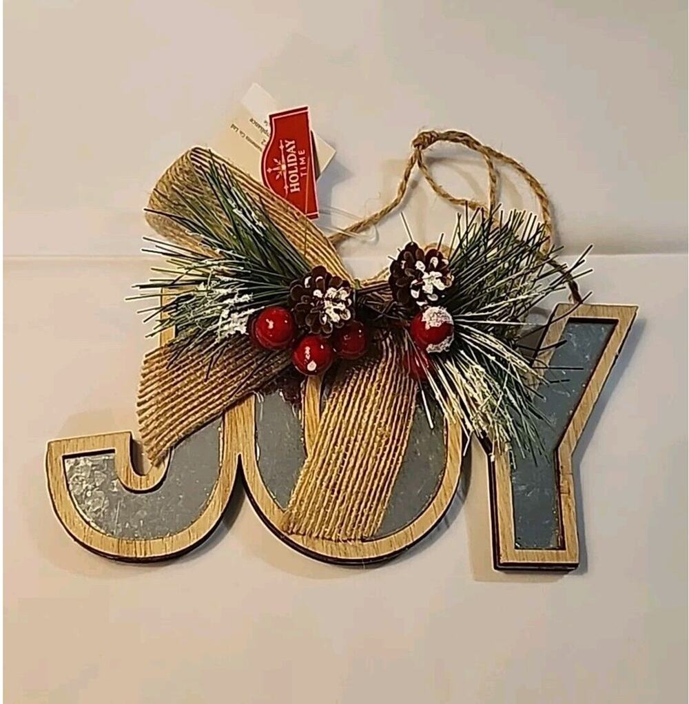 Joy Christmas Tree Ornament Berries Pinecones Greenery Bow 6.75" Silver Brown